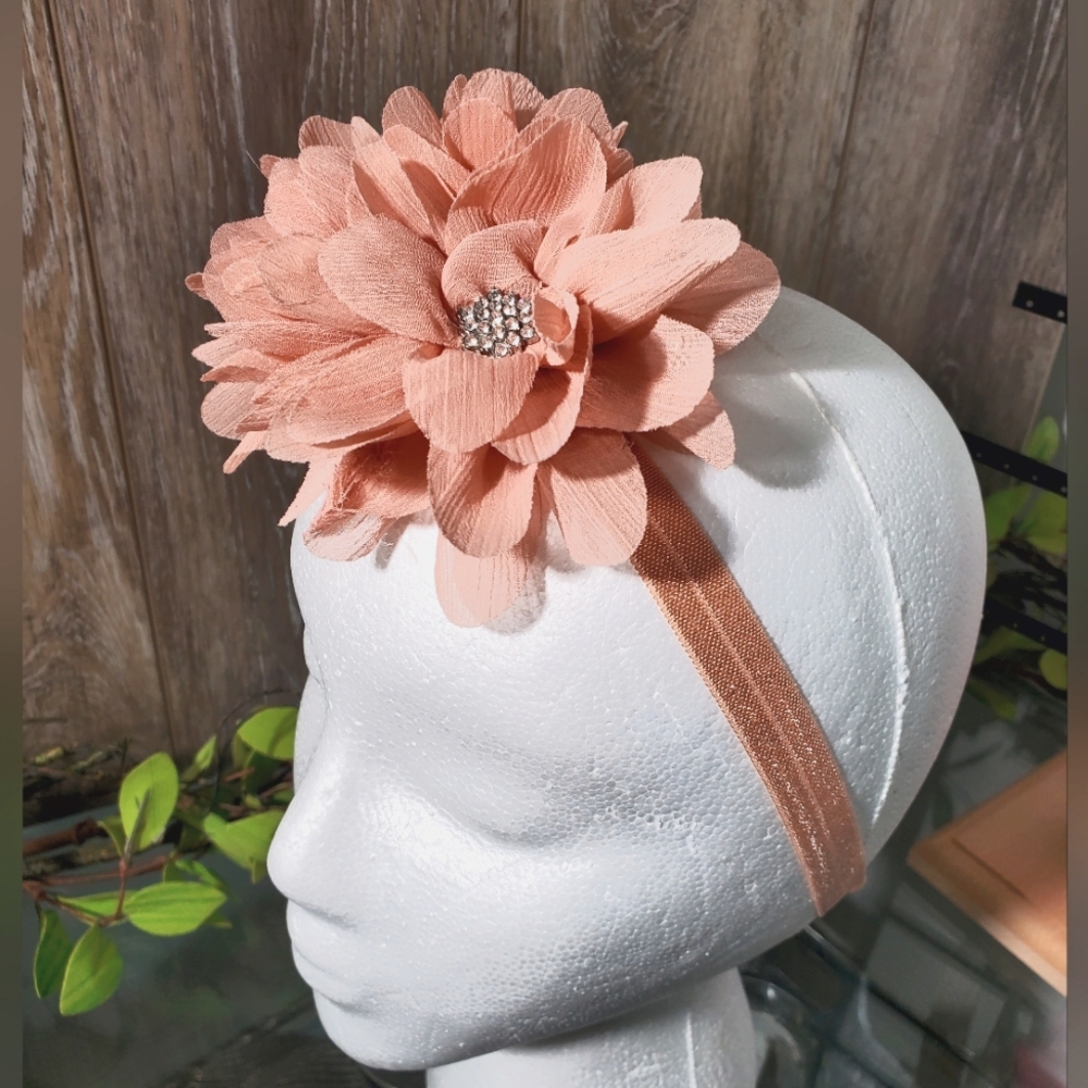 Light Coral Floral Rhinestone Hair Bow Stretchy Headband Size 7 1/2" Toddler+